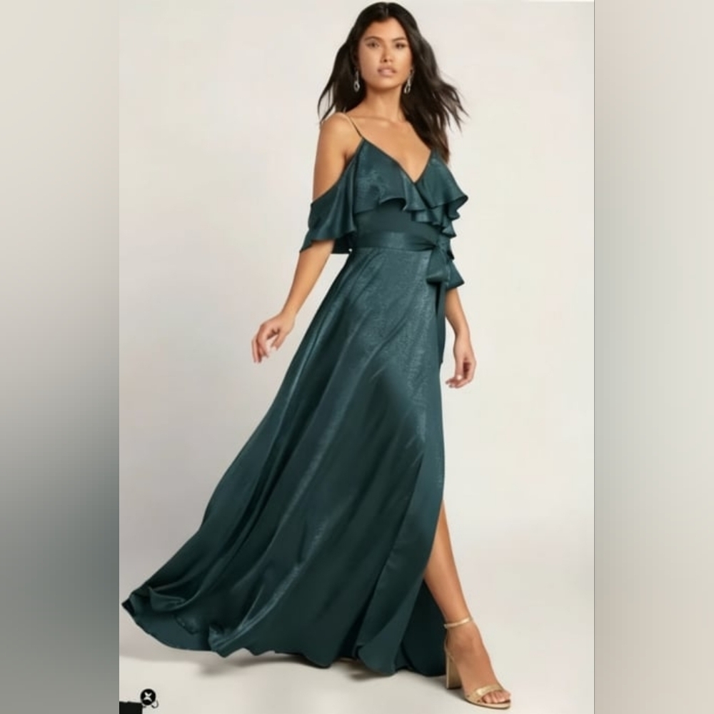 Lulus Shimmering Teal Ruffle Wrap Maxi Dress With Spaghetti Straps - Elegant Eve